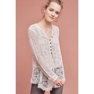 Anthropologie Top Floreat SHEER Ivory Lace Long Sleeve Button Bohemian Blouse